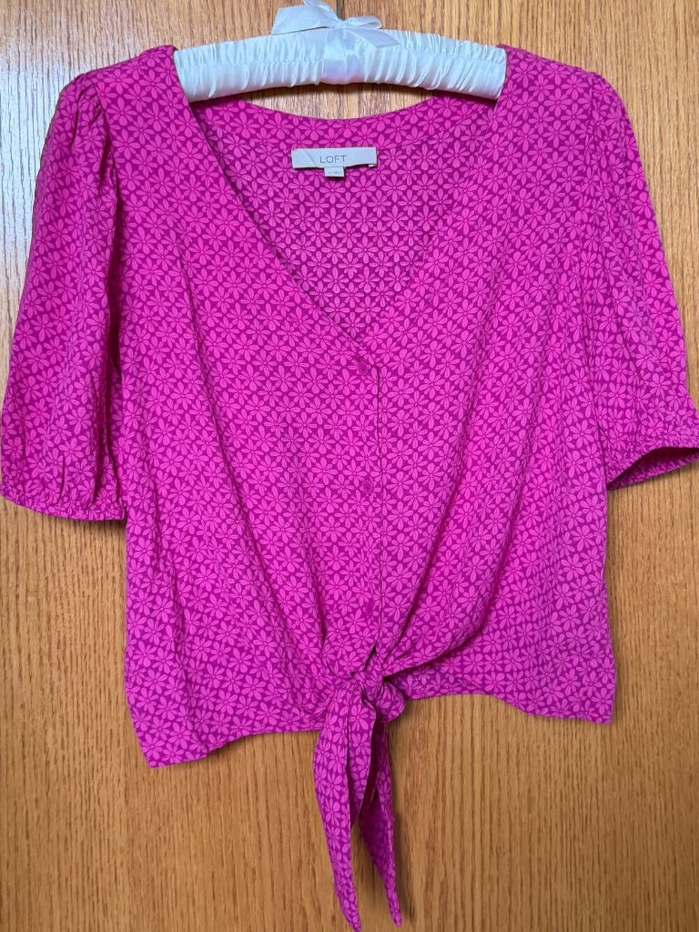 LOFT Pink Floral Tie Front Blouse Medium